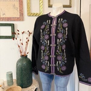 Floral Embroidered Black and Purple Cardigan